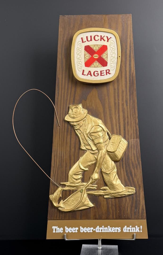Lucky Lager Fly Fishing Bar Sign: 18 1/2" by 10 1/4". Designed and Produced by Display Corporation.