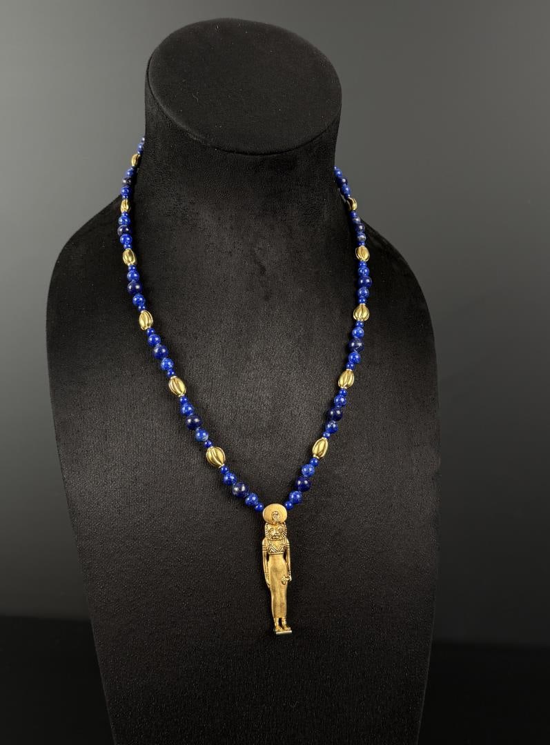 Multilana Sekhmet Lapis Lazuli Necklace: 13 7/8" long as displayed.