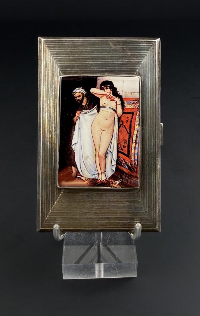 Erotic Nude Enamel Sterling Silver Cigarette Case: Fabio Fabbi: The favourite. Measures 5" by 3 1/5". 231 grams.