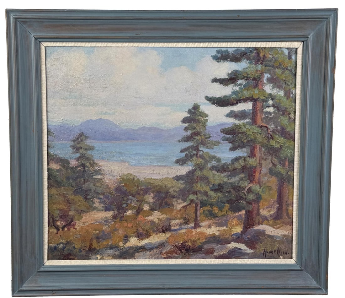Madge McAllister Wood California Painting: Title is Big Bear Lake. 19" by 22" unframed. 23" by 26" framed. Oil on Canvas. Madge E McAllister Wood. 1875 California - 1977 Los Angeles, California. Known for: Painting, art education. Madge E.