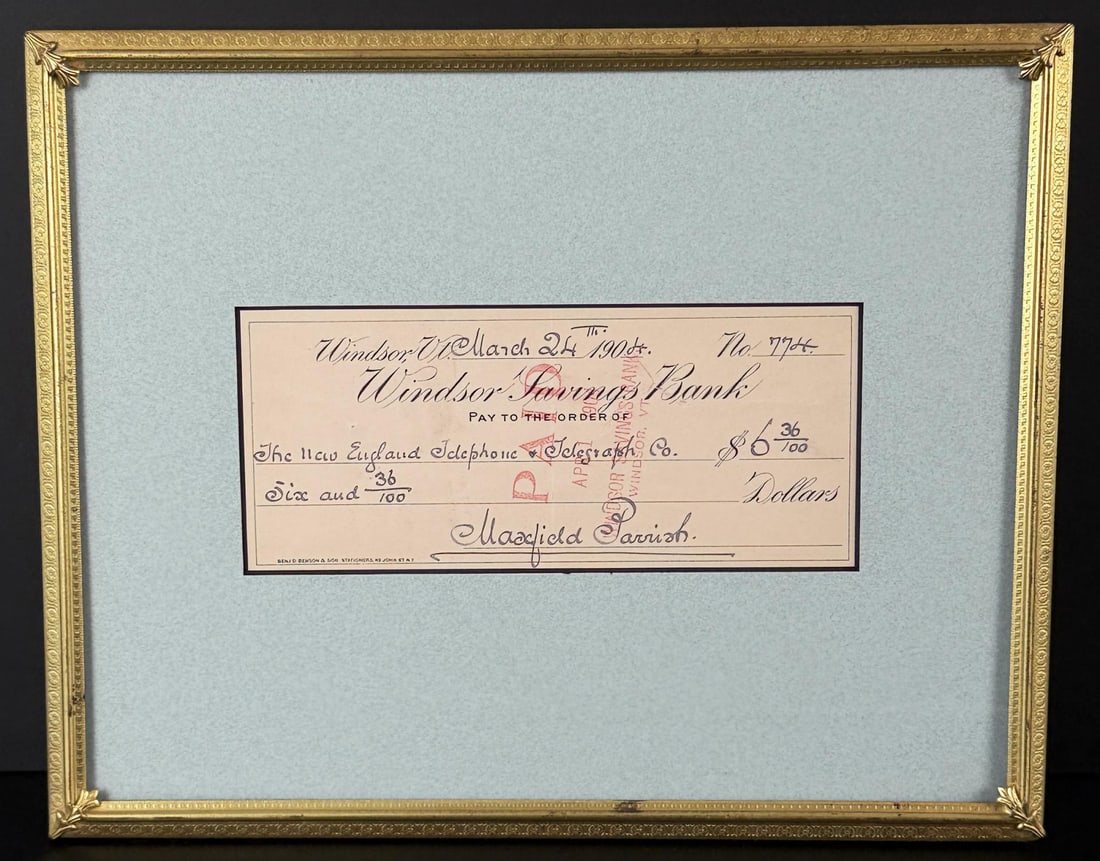 Maxfield Parrish Signed Check: Windsor Savings Bank. Made out to The New England Telephone and Telegraph Co. 1904. 8 1/4" by 10" framed.