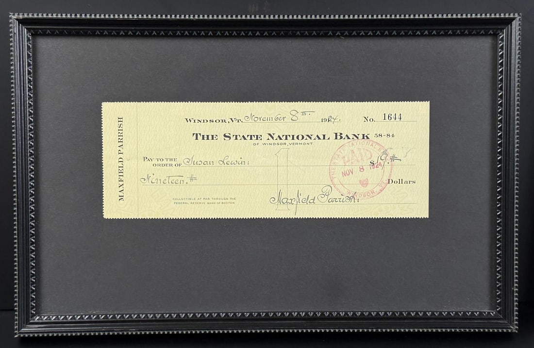 Susan Lewin Maxfield Parrish Signed Check: Made out to Susan Lewin, Parrish's model. 8" by 12 3/4" framed.