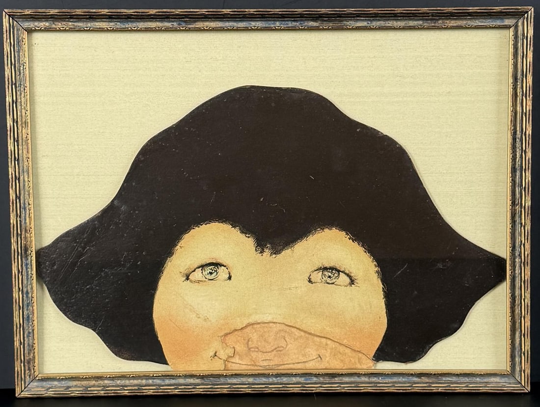 Original Maxfield Parrish Painting Cutout: Painting of a Head. Mouth portion has been added to at some point. Likely part of a bigger piece. Appears to be Susan Lewin. 9 1/4" by 12 1/2" framed. Maxfield Frederick Parrish (1870 - 1966) was acti