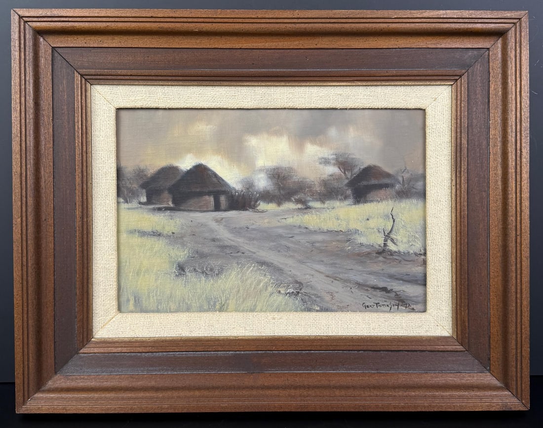 Gert Pietersen African Huts Painting: Title is African Huts. 8" by 12" unframed. 14" by 18" framed. Oil on Canvas. Gert Pietersen. Born 1930. Known for: Painting.