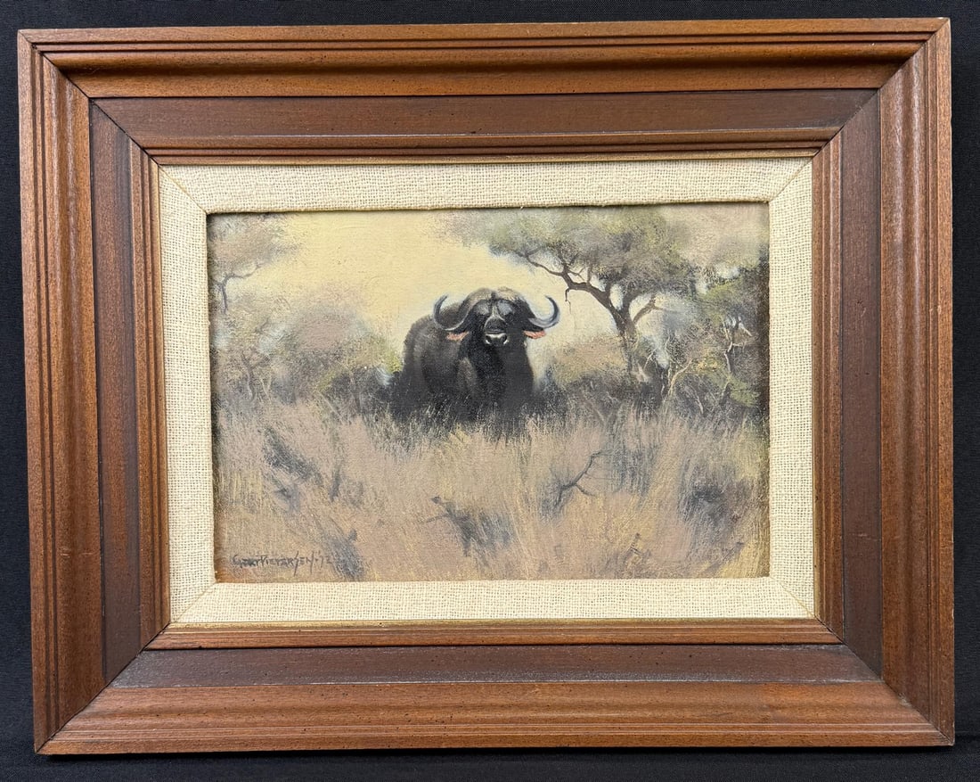 Gert Pietersen African Water Buffalo Painting: Title is Water Buffalo. 8" by 12" unframed. 14" by 18" framed. Oil on Canvas. Gert Pietersen. Born 1930. Known for: Painting.