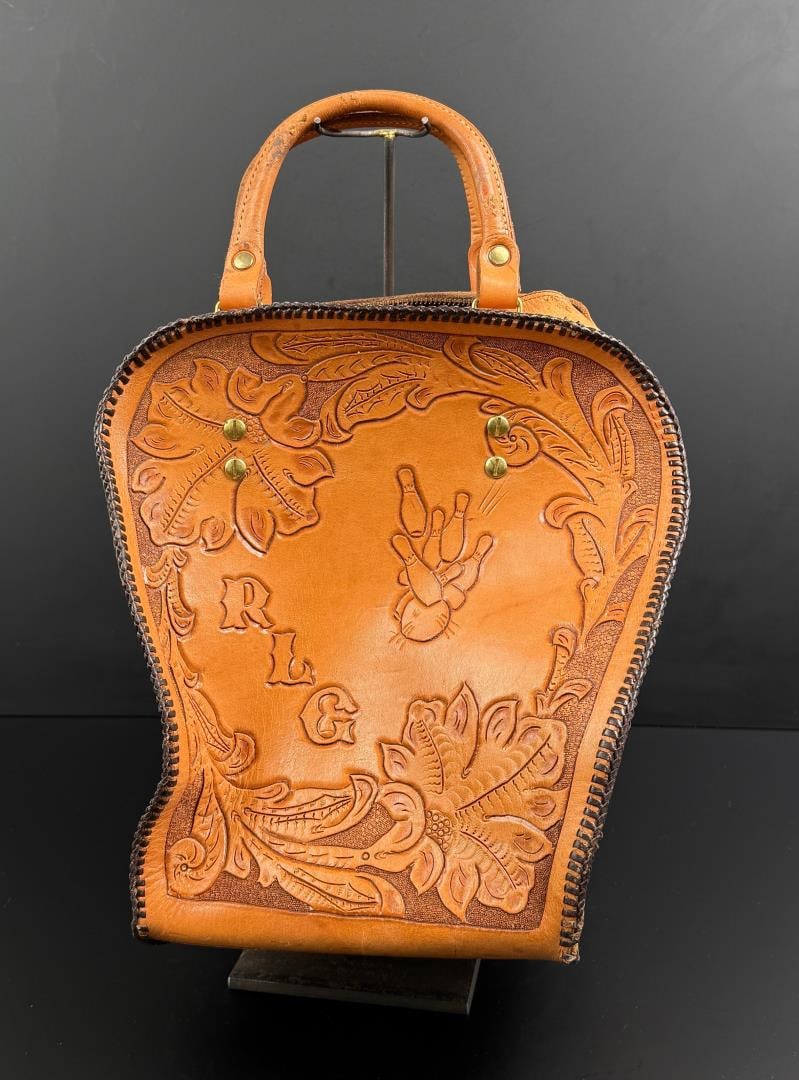 Tooled Leather Cowboy Bowling Ball Bag: Zipper needs replacement.