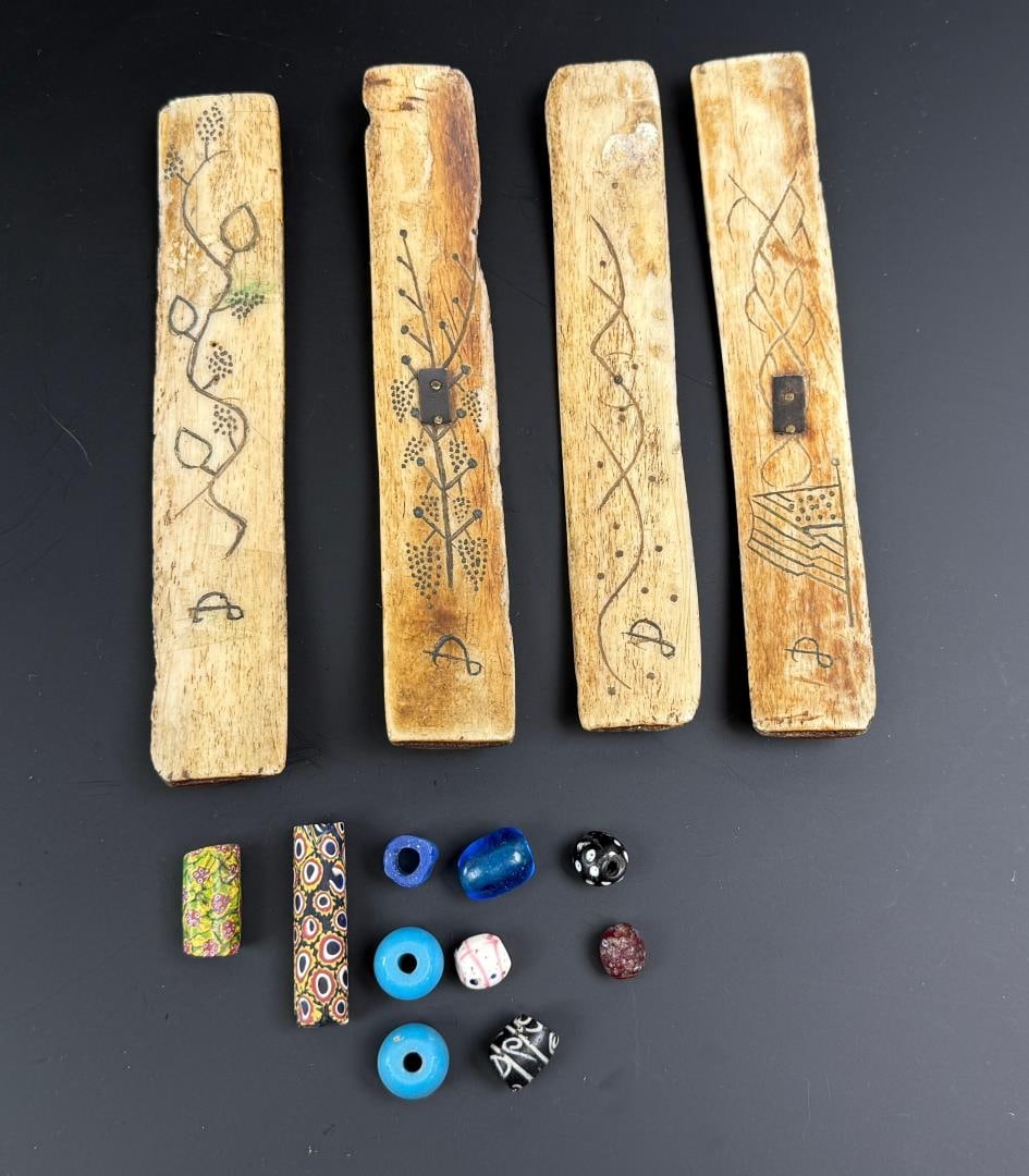 Native American Indian Bone Game Pieces: Unknown age. Includes a grouping of trade beads.