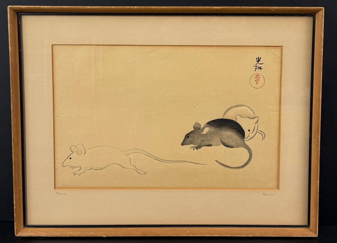Ogata Korin Three Mice Japanese Woodblock Print: 14 1/2" by 19" framed.
