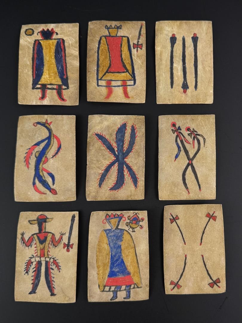 Apache American Indian Parfleche Playing Cards: 2 1/4" by 3 1/2". Mid 20th Century.