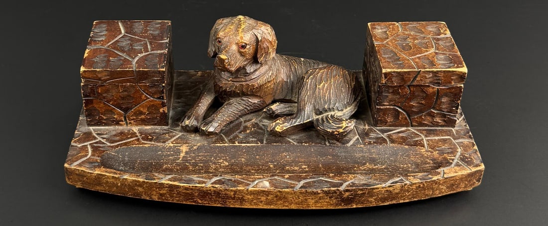 Black Forest German Dog Inkwell Pen Stand: 9 1/4" by 4 3/8" by 3".