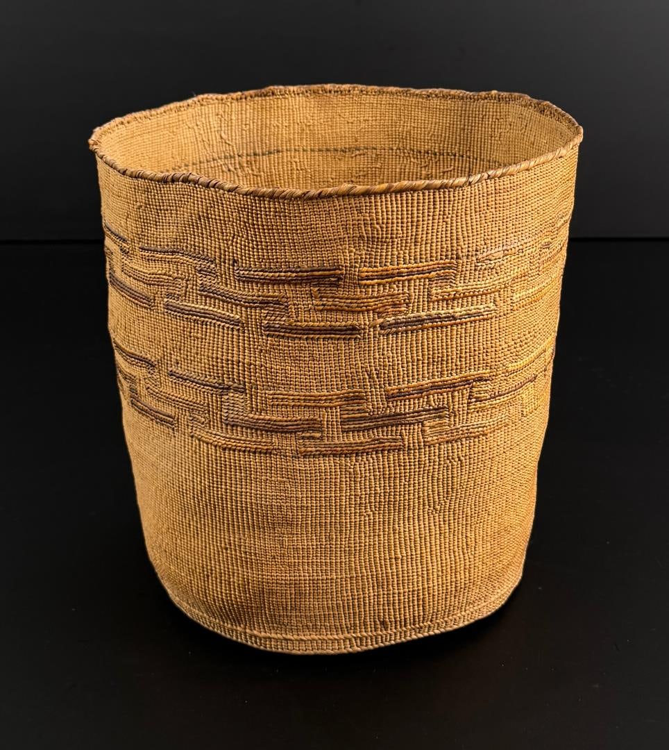 Tlingit Northwest Coast Indian Basket: 7 1/2" diameter, 7" tall.