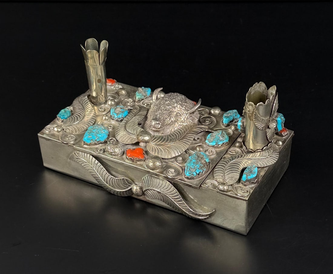 Navajo Indian Turquoise Buffalo Cigarette Box: Nickel Silver. 6" by 3 3/8" by 2 3/4".