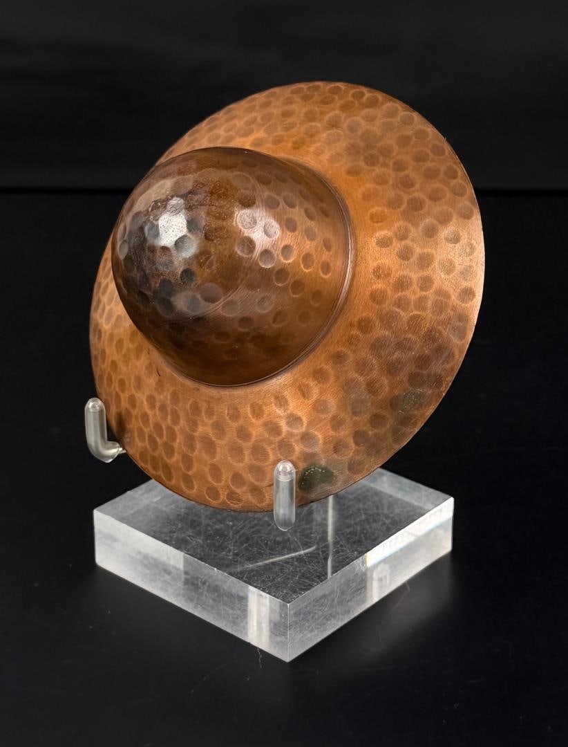 Hammered Copper cowboy Hat Ashtray: 3 7/8" diameter, 1 5/8" tall.