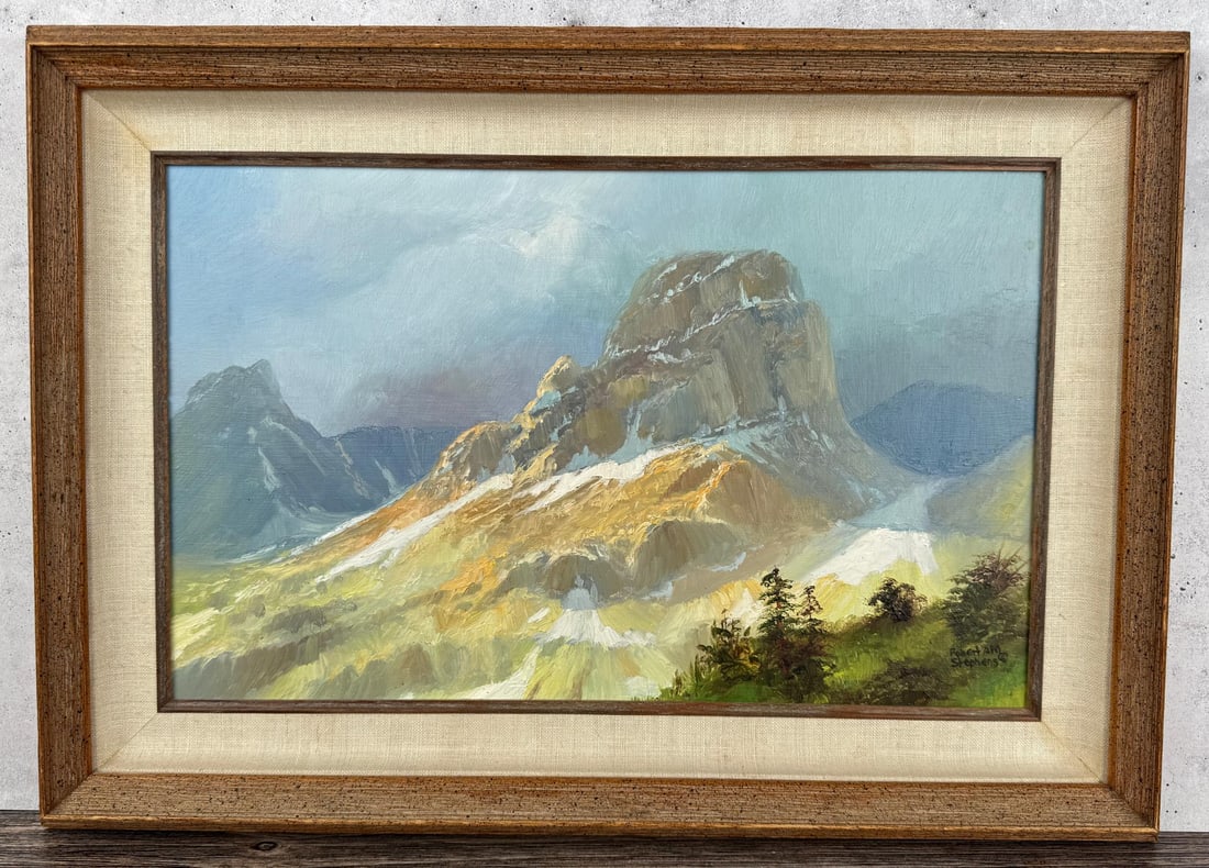 Robert Stephens Emerson Peak Painting: Title is Emerson Peak Waterton National Park. 10" by 16" unframed, 15 by 21" framed. Oil on Board.
