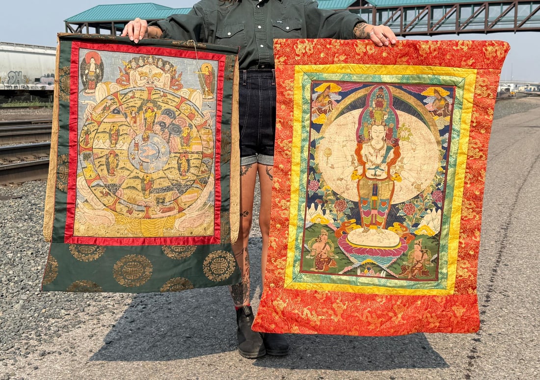 Tibetan Buddhist Thangka Paintings: The left artwork depicts the cycle of rebirth with the (Bhavachakra) Wheel of Life. The right piece represents Avalokiteshvara, the Bodhisattva of Compassion and the back features handwritten prayers