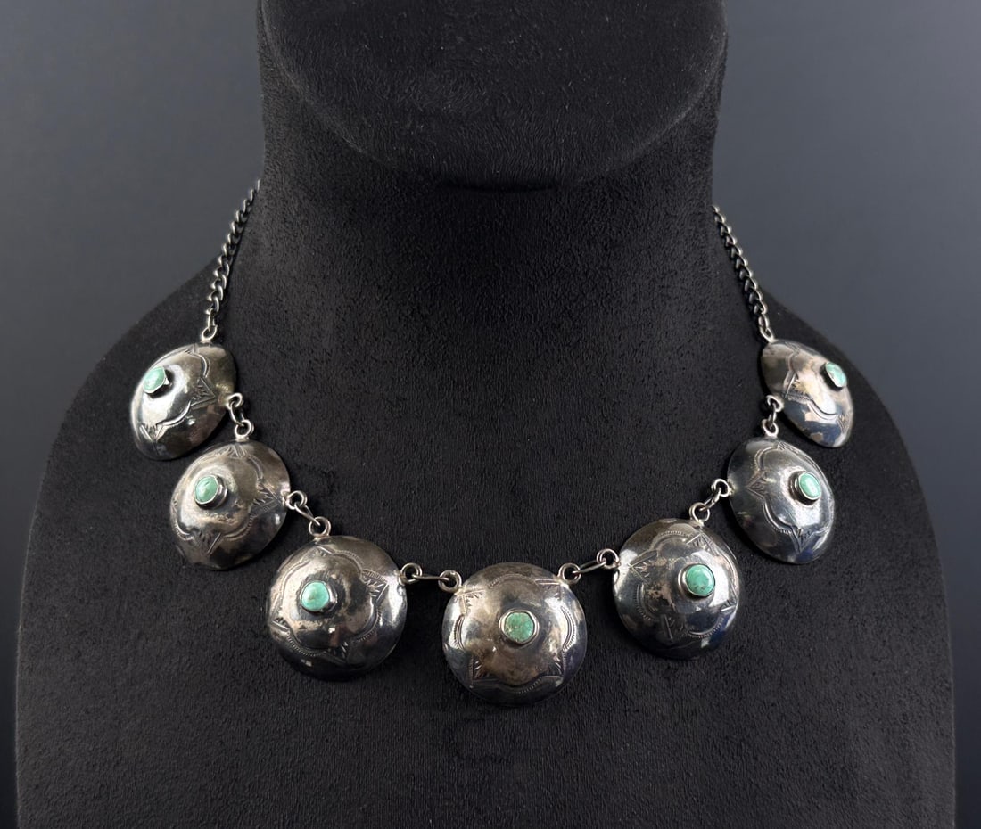Navajo Sterling Silver Turquoise Concho Necklace: 49.43 grams. 9 1/8" long as displayed.