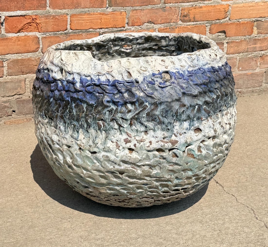 Rudy Autio Montana Hanging Pottery Jardinere: 21 1/8" by 20 5/8" by 17 5/8". Weighs in at 61lbs. Cracked on the side as shown. Provenance: The Estate of Walter Hook, as Gifted to Hook while Autio and he were in the Art Residence in Missoula. Hook