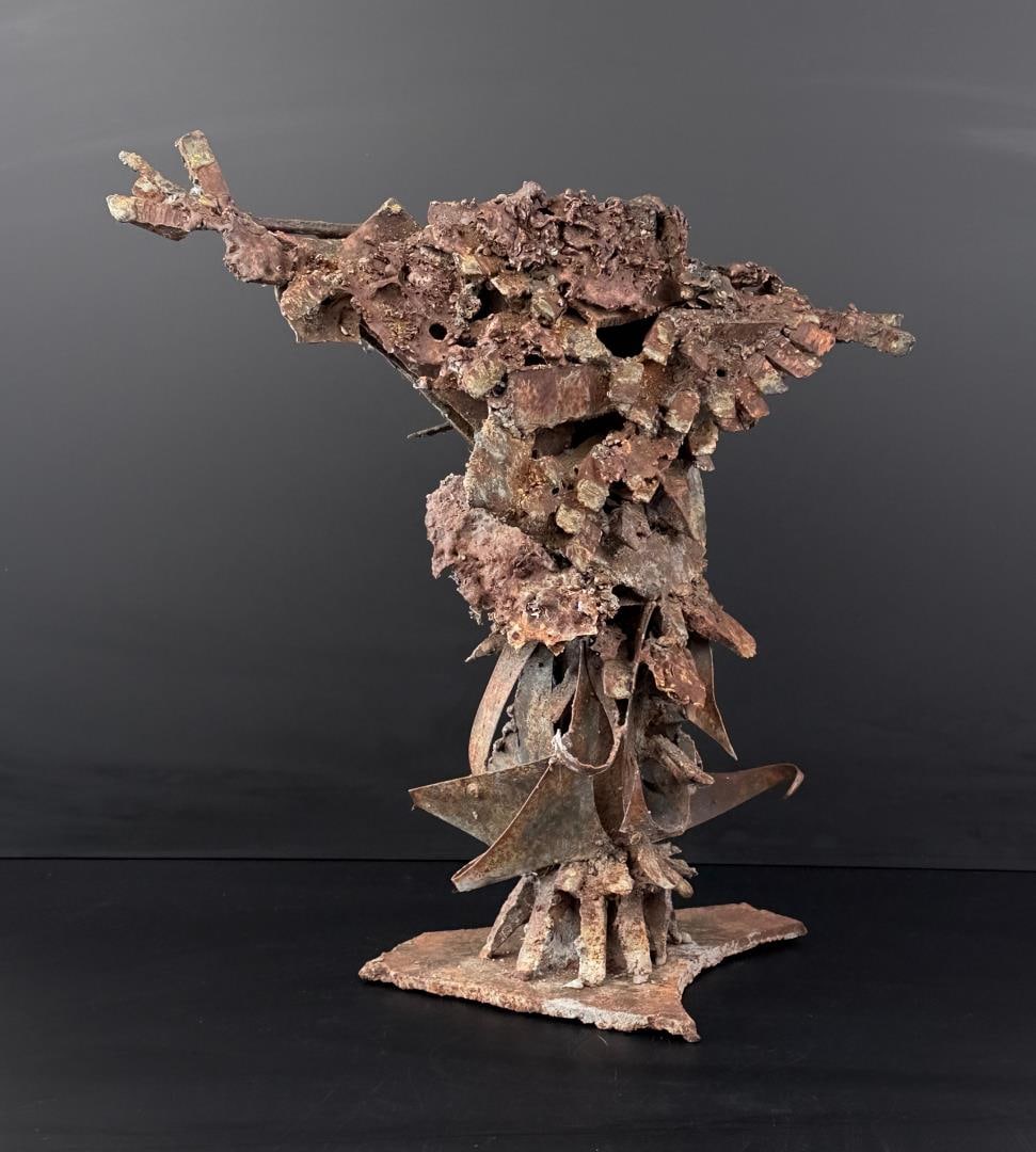 Walter Hook Missoula Montana Abstract Sculpture: Brutalist, made from welded steel. 18 1/4" by 17" by 8 1/4". Walter Hook (1919 - 1989) was active/lived in Montana. Walter Hook is known for Post-war surrealist painting, sculpture. Walter Hook, paint