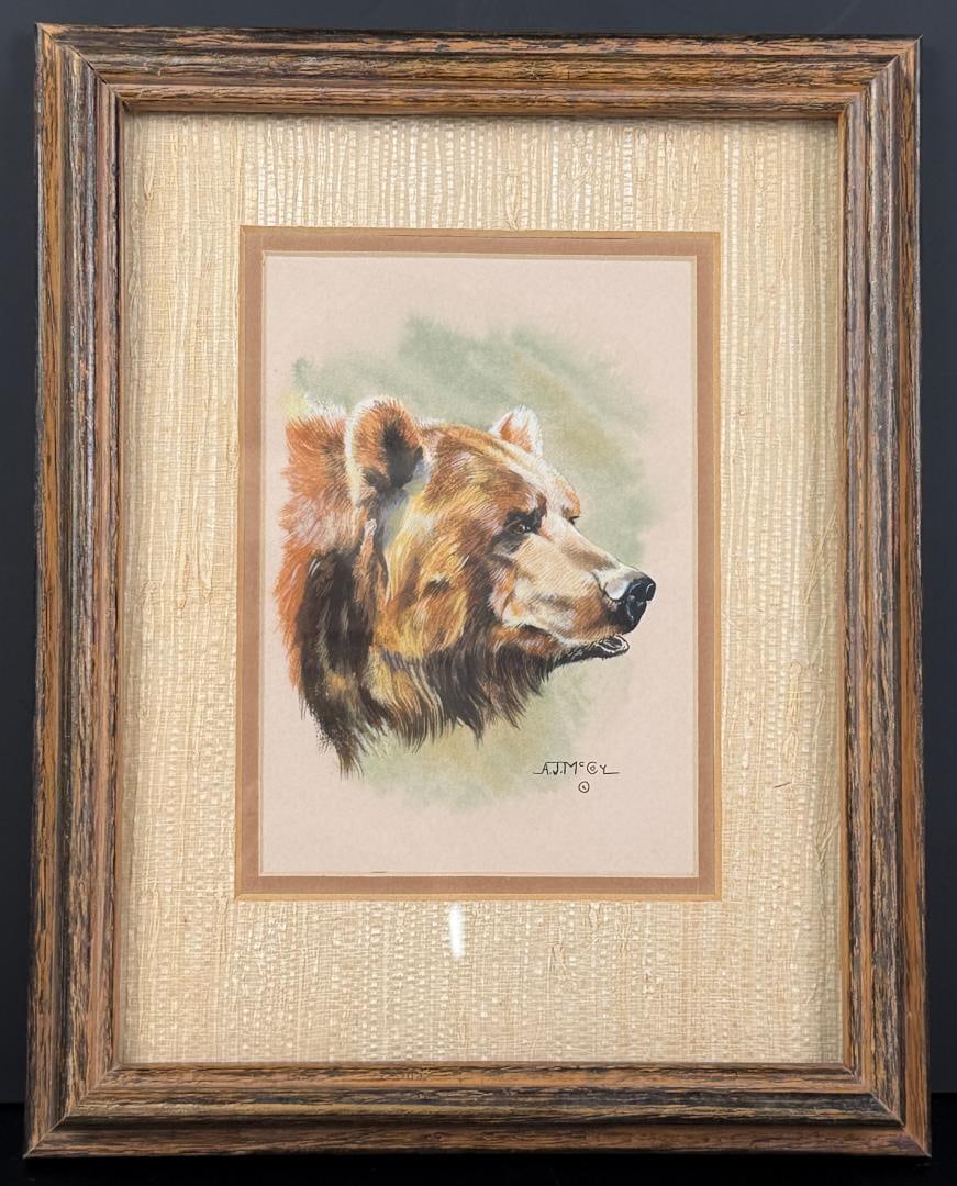 A J Jeanie McCoy Grizzly Bear Painting: Title is Grizzly Head. 5" by 7" unframed. 9 1/2" by 12" framed. Gouache on Board. A. J. (Jeanie) McCoy (20th century) was active/lived in Alberta / Canada. A McCoy is known for Wildlife painting.