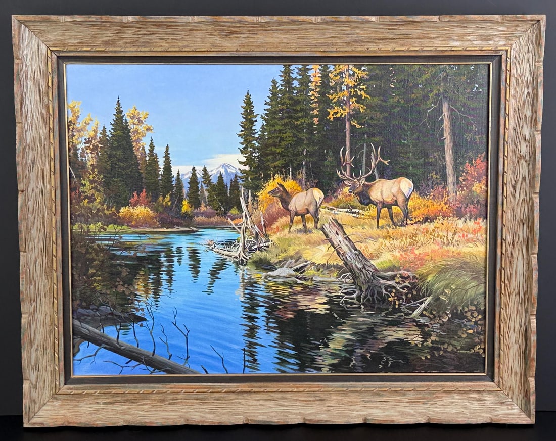 Elmer Sprunger Indian Summer Elk Painting: Title is Indian Summer Elk. 18" by 24" unframed. 23" by 29" framed. Oil on Canvas. Elmer Sprunger (1919 - 2007) was active/lived in Montana. Elmer Sprunger is known for Wildlife, landscape, commercial