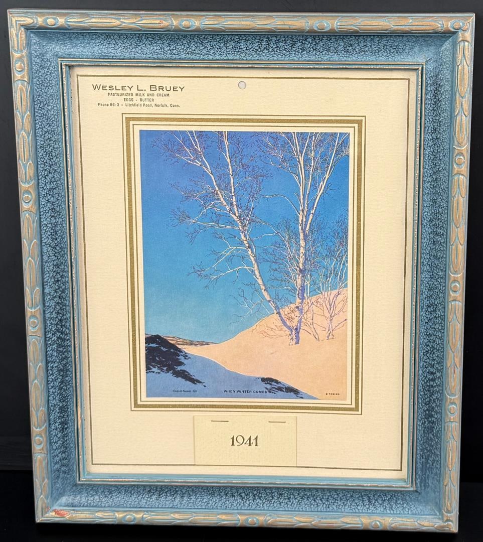 Maxfield Parrish When Winter Comes Calendar: 1941. 12 1/4" by 14 3/4" framed.
