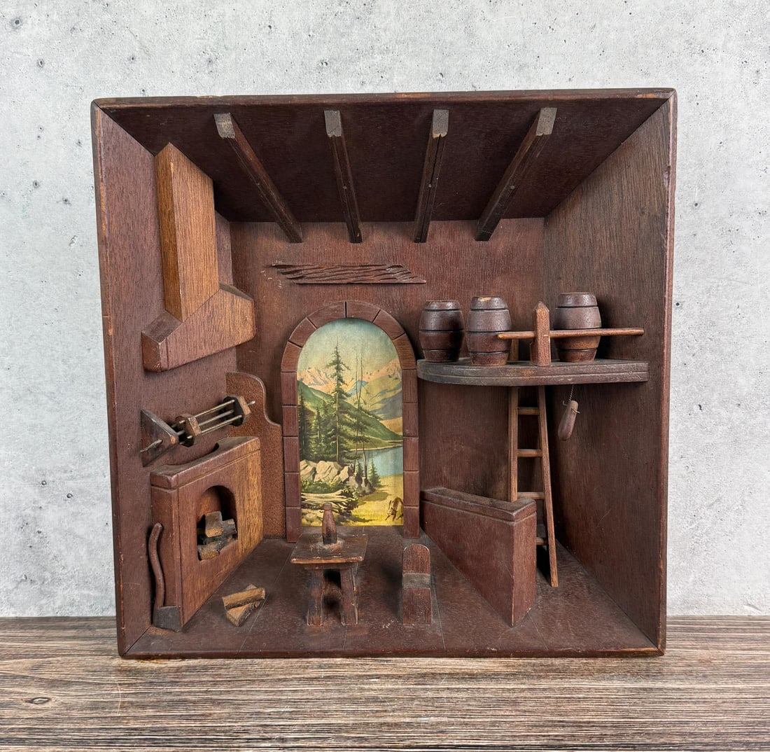 Anri Wood Kitchen Diorama: 11 1/4" by 11 1/4" by 2 3/4".