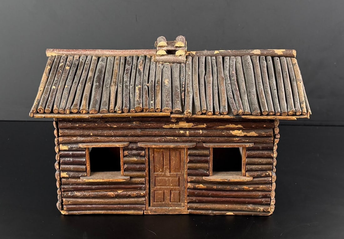 Tramp Art Adirondack Hickory Log Cabin Model: 12 3/4" by 8 3/4" by 8".