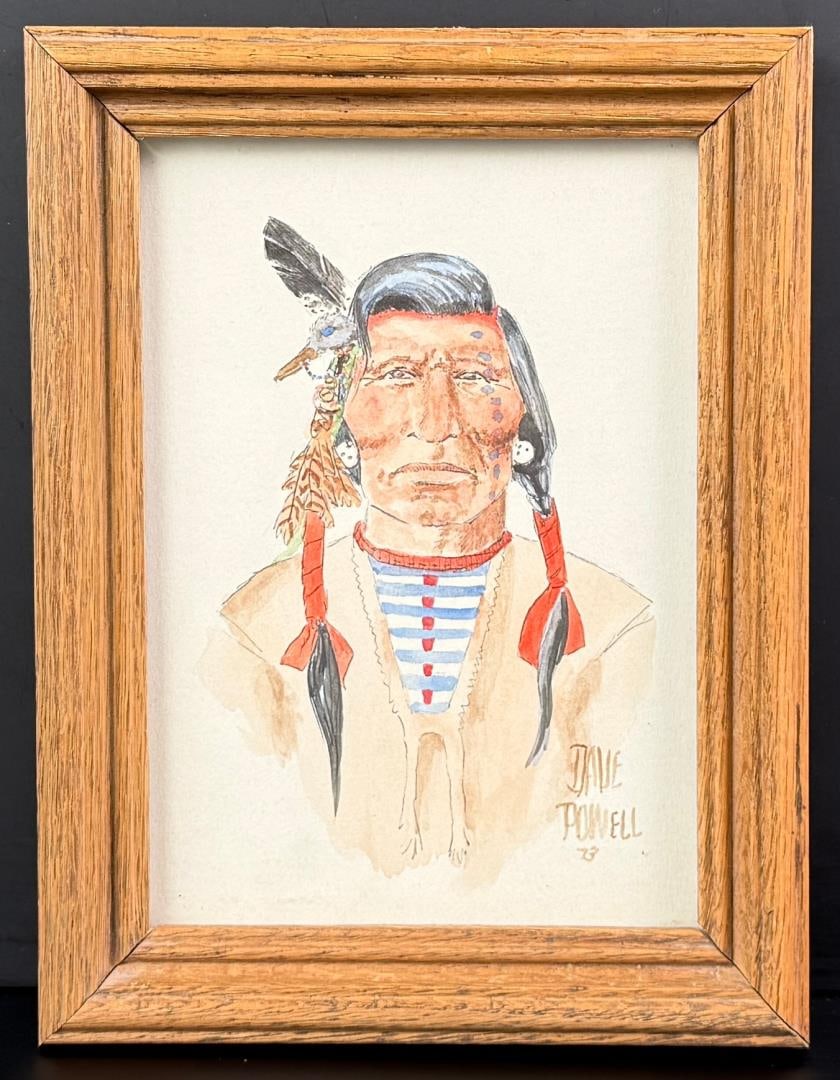 Dave Powell Indian Chief Painting: Title is Indian Chief. 5" by 7" unframed. 6 1/2" by 8 1/2" framed. Watercolor on Paper. David (Dave) Powell (Born 1954) is active/lives in Montana. David Powell is known for Western figure, cowboy gen