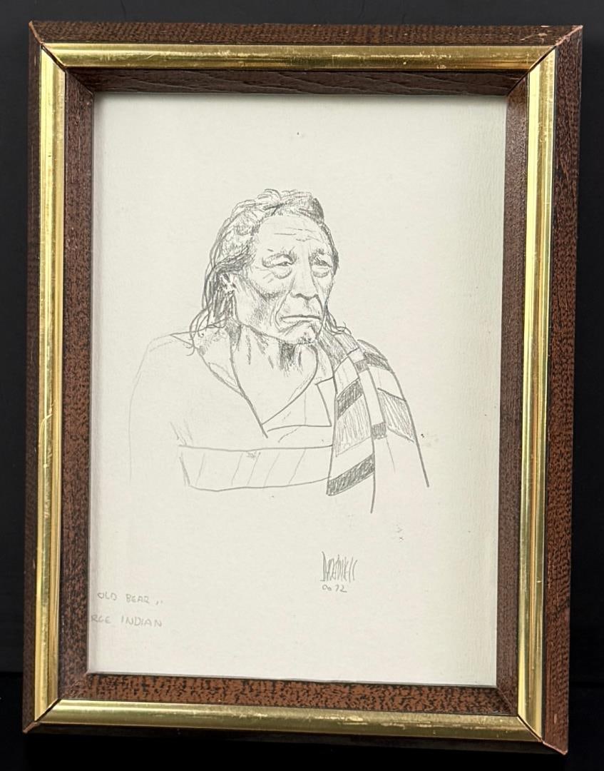Dave Powell Old Bear Drawing: Title is Old Bear. 5" by 7" unframed. 6 1/2" by 8 1/2" framed. Pencil on paper. David (Dave) Powell (Born 1954) is active/lives in Montana. David Powell is known for Western figure, cowboy genre. Dave