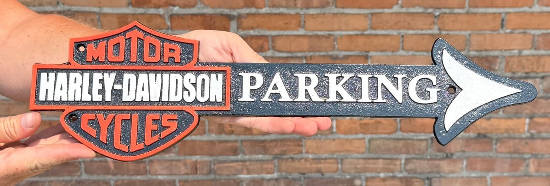 Cast Iron Harley Davidson Motorcycle Parking Sign: 19 1/8" by 5 1/4". Contemporary Manufacture.