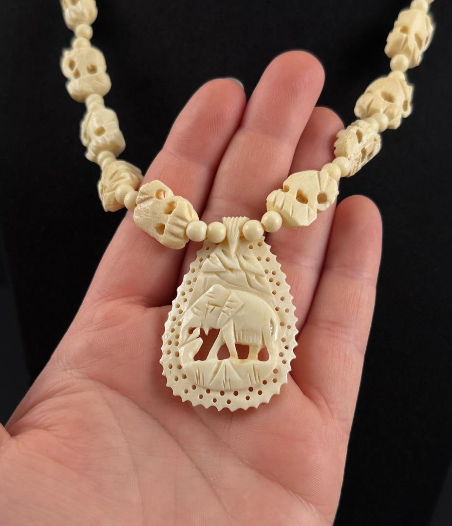 Carved Bone Elephant Necklace - 2