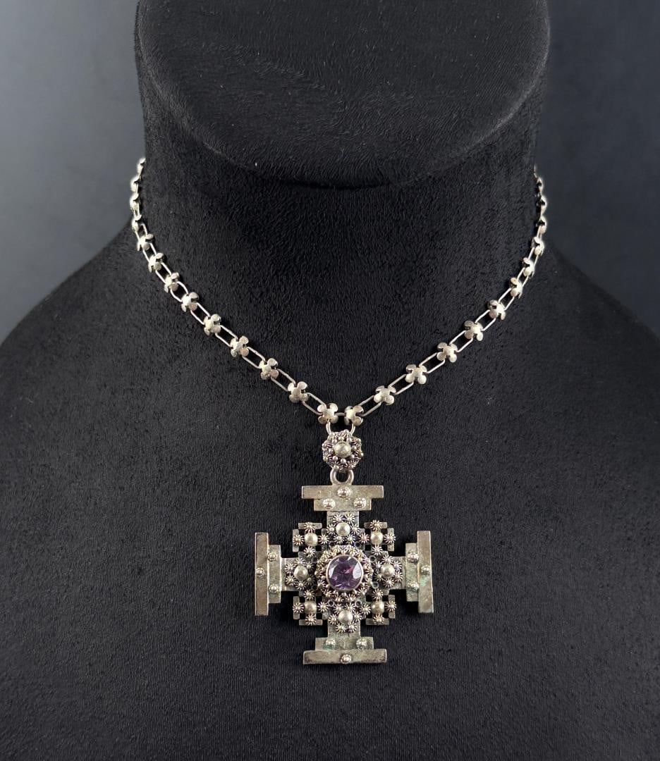 Jerusalem Amethyst Sterling Silver Cross: 24.83 grams. 9 1/2" long as displayed.