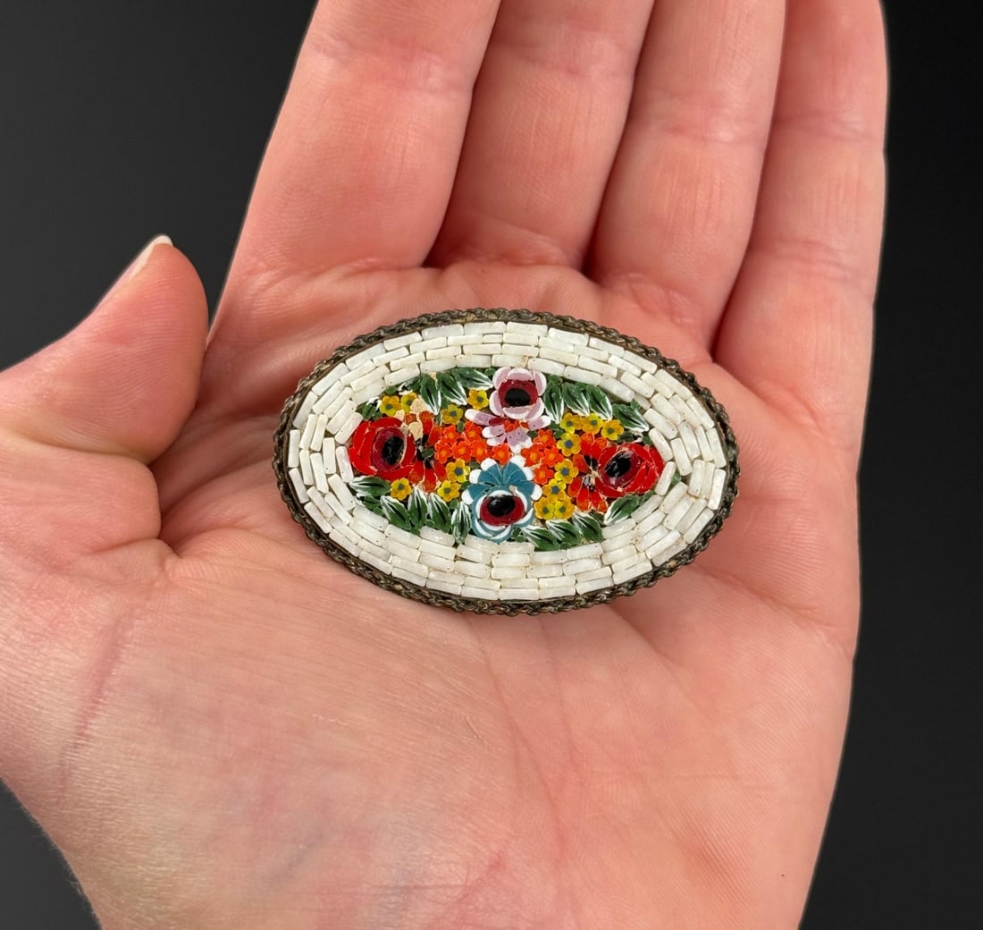 Italian Micro Mosaic Floral Brooch: 2" by 1 1/4" by 2/8".
