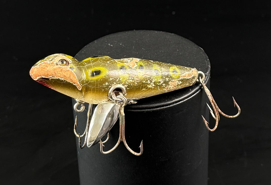 Mack Finch Swimming Frog Fishing Lure: 4" long. I believe this may be the work of Mack Finch of Panama City Florida.