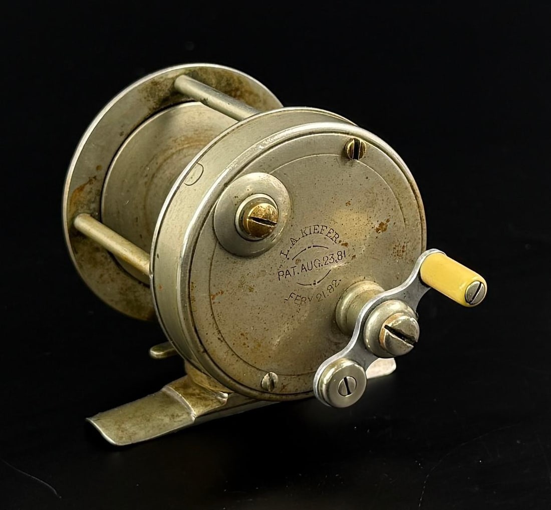 L.A. Kiefer German Silver Fishing Reel: Extremely scarce, with removable foot. Handle appears to be incorrect.