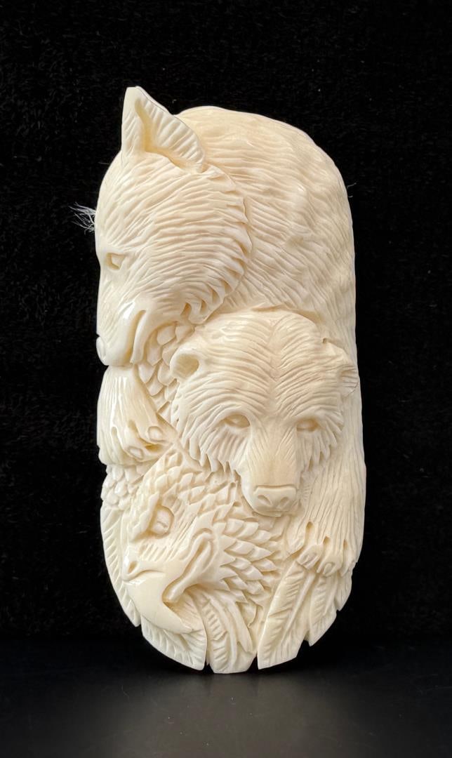 Carved Bone Wolf Bear Eagle Medallion: 2 7/8" by 1 3/8" by 3/8"