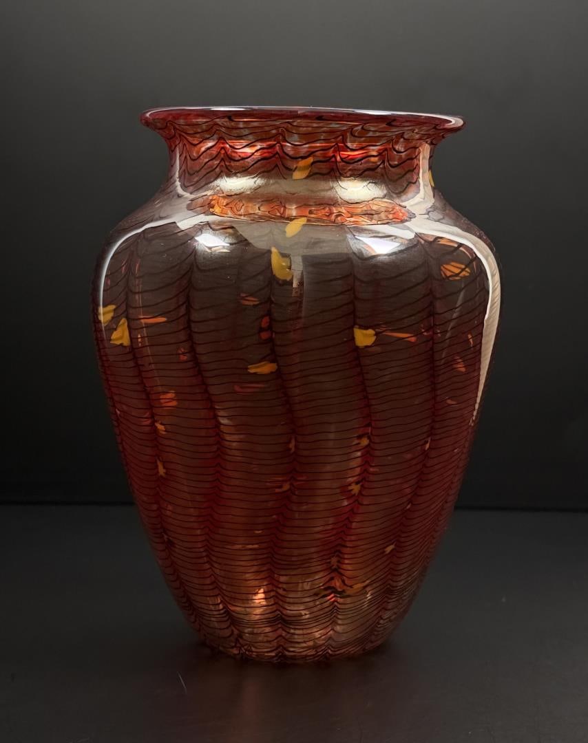 Signed Art Glass Pulled Feather Iridescent Vase: 5 3/4" tall, 4 1/2" diameter.