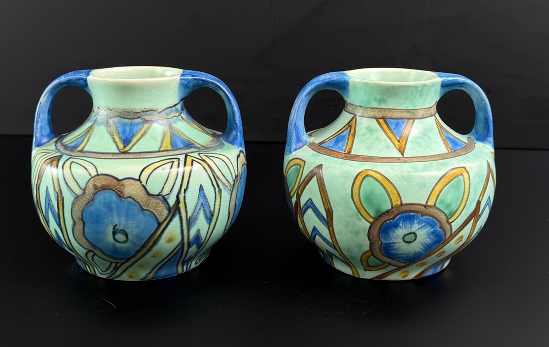 Wadeheath Flaxman Ware Pottery Vases: 5 1/4" diameter, 4 3/4" tall.
