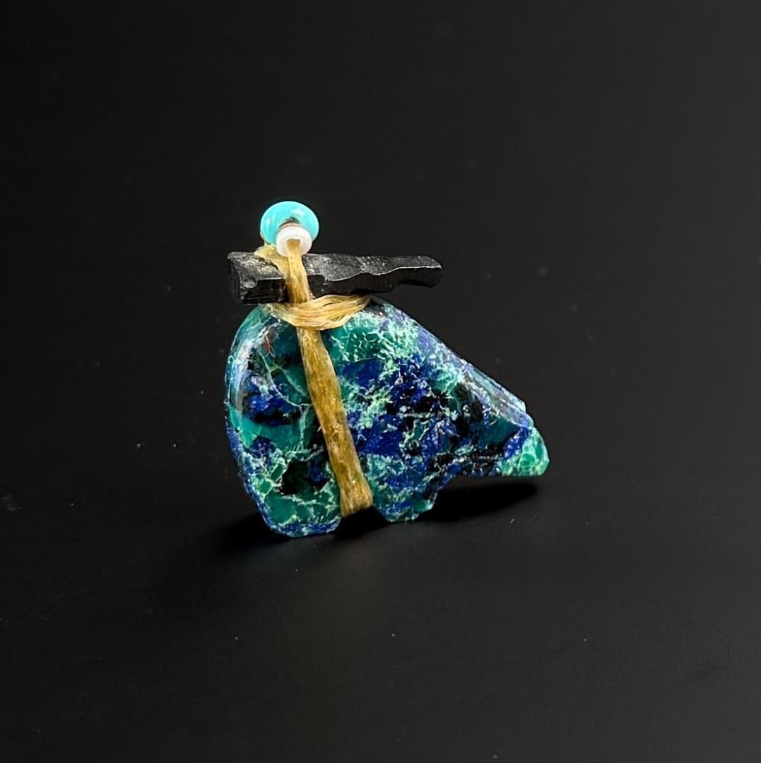 Zuni Carved Azurite and Malachite Bear Fetish: 1" by 1" by 1/4"