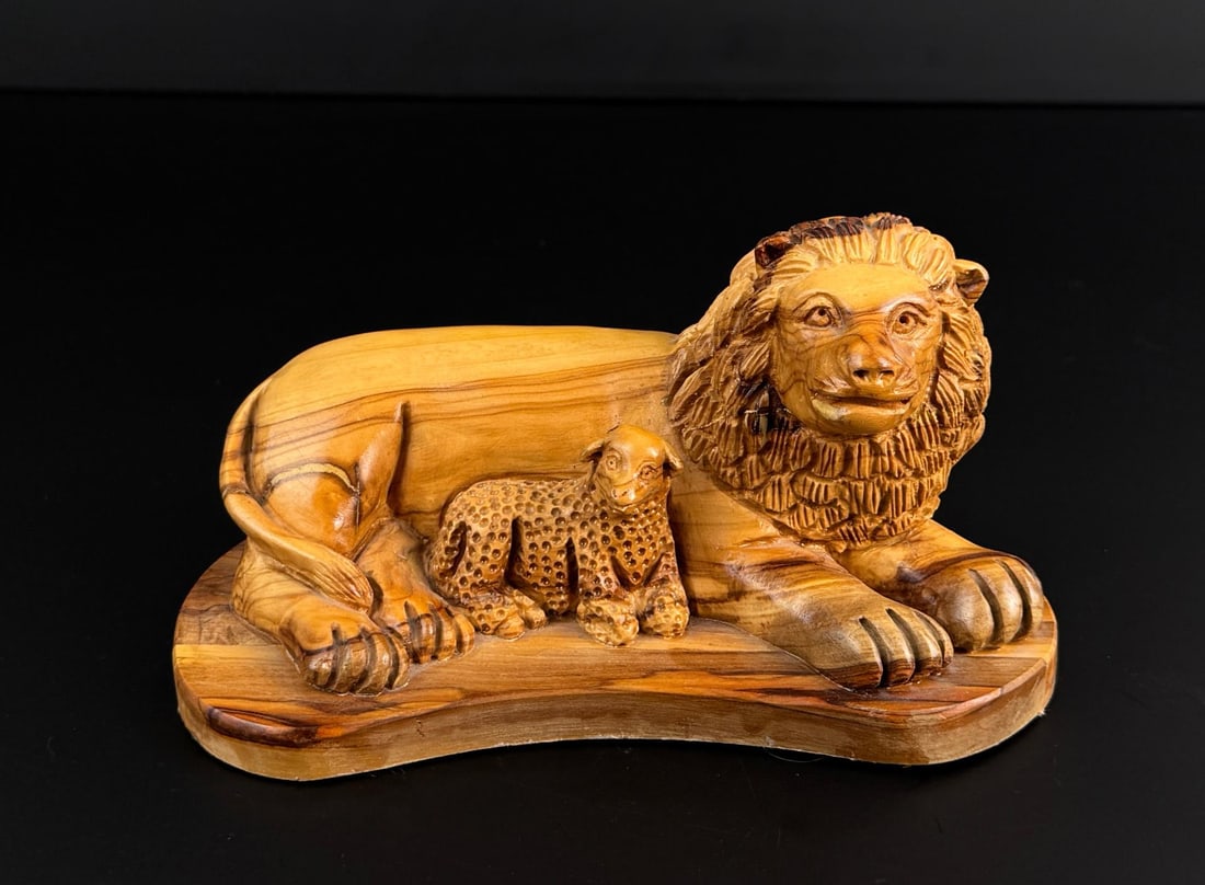 The Lion and the Lamb Olive Wood Carving: 7 1/2" by 4" by 3 5/8".