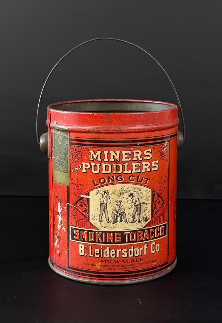 Miners and Puddlers Long Cut Tobacco Tin Pail Can: No lid.