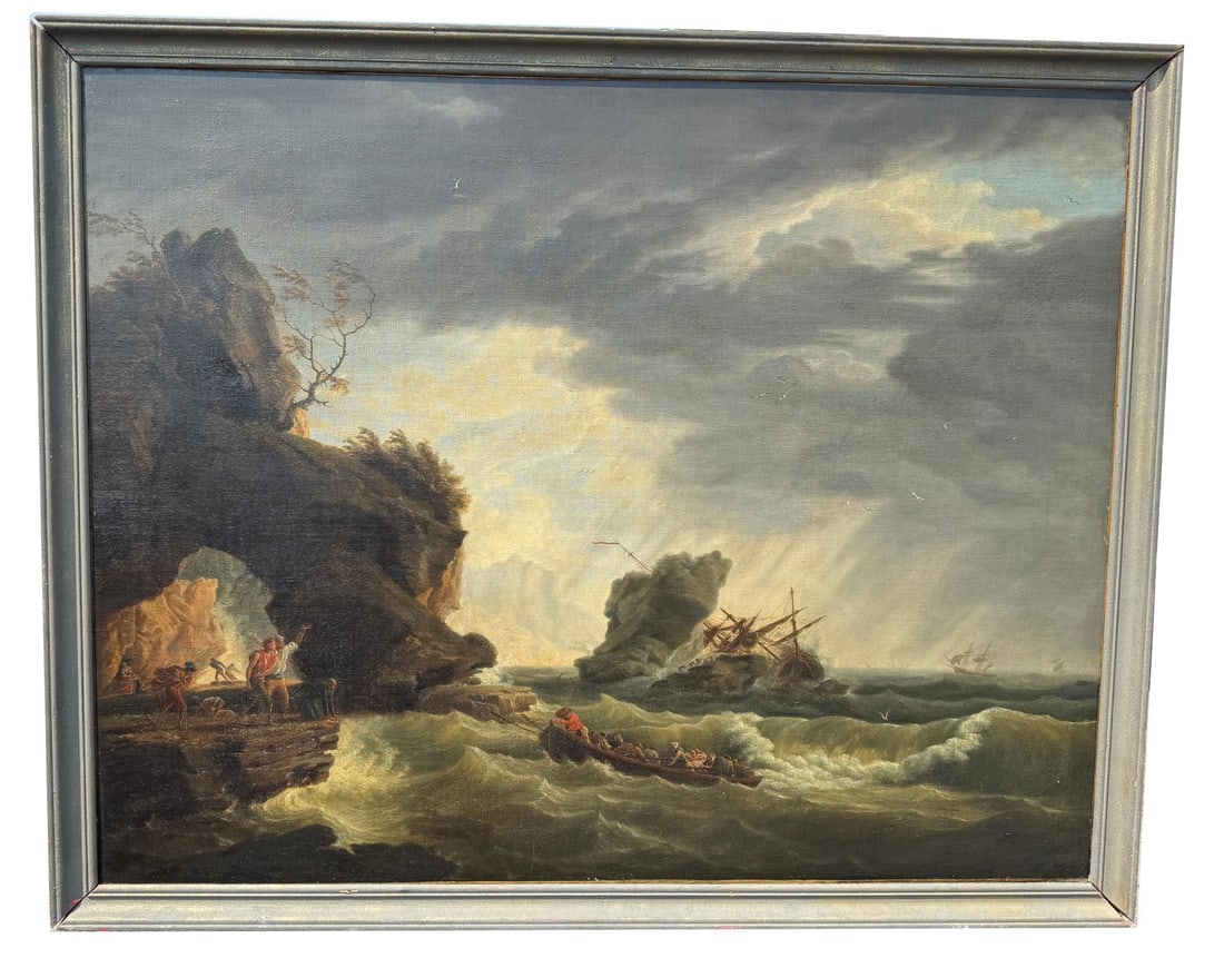 Charles Francois Grenier de Lacroix Painting: Title is Seascape circa 1761 after Claude Joseph Vernet A Shipwreck. Painting is unsigned but has old label with identification on back, it is a study/copy of Claude Joseph Vernet's Shipwreck, as such