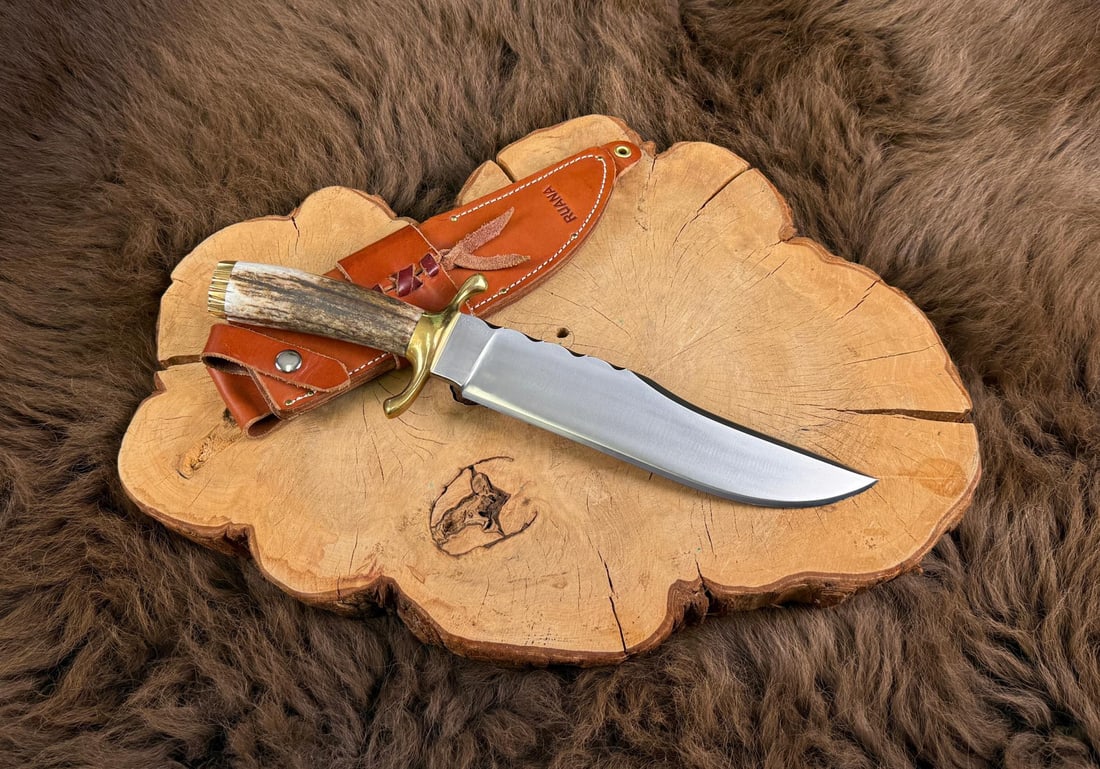 Ruana Bonner Montana Non Catalog Bowie Knife: Hangas Brothers Signed. Never Used or Carried. Custom Non Catalog Bowie with Filework, and S Guard. 15 3/8" long.
