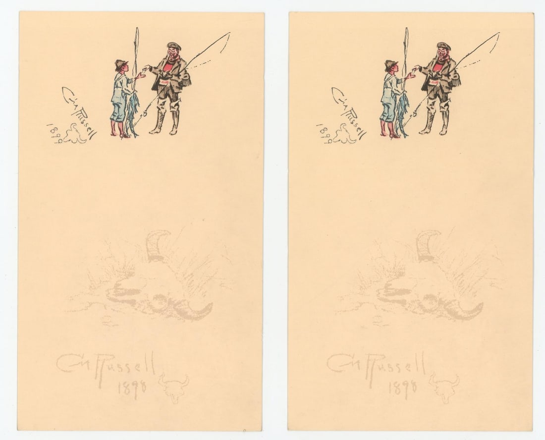Charles M Russell Montana Greeting Cards: Later reproduced by Dick Flood, the Flood examples appear to have texture. 4 1/4" by 7 1/2". Charles Marion Russell (1864 - 1926) was active/lived in Montana, California, Missouri. Charles Russell is 