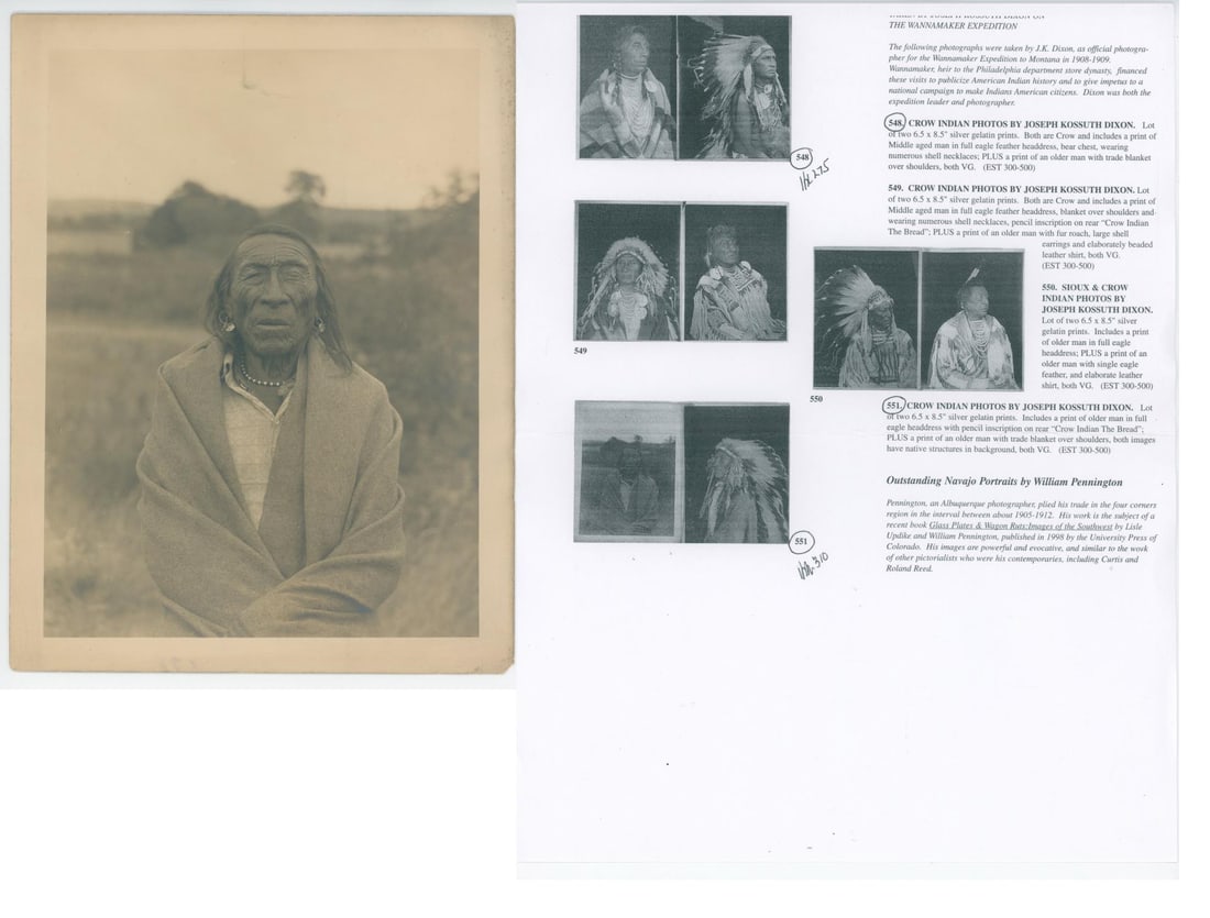 Joseph Kossuth Dixon Montana Crow Indian Photo: 6 1/2" by 8 1/2". Joseph Kossuth Dixon (1856?1926) was an American clergyman, lecturer and photographer who led the Wanamaker expeditions visiting indigenous peoples of the United States. Dixon was bo