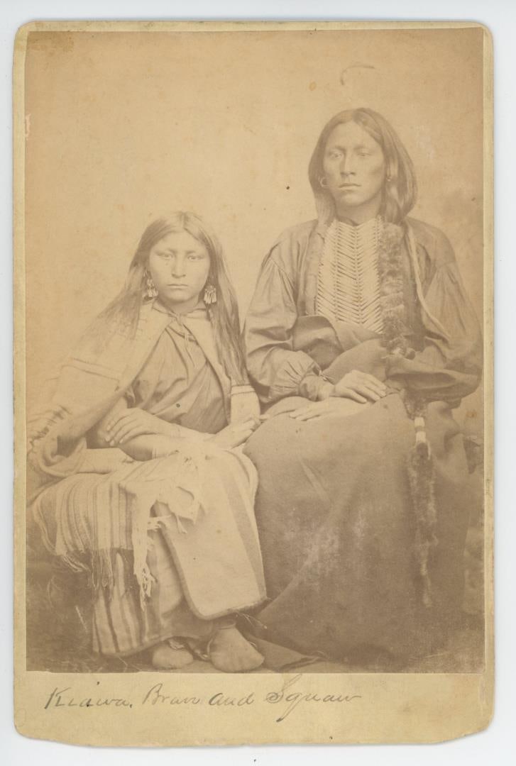 Eonah-Pah Trailing the Enemy Kiowa Indian Photo: Taken by William S. Soule in 1870. Tom-E-ath-to or Trailing the Enemy, seated with Ahtohna Daughter of Santana. 4 1/4" by 6 1/2". ONE-AH-PAH aka TRAILING THE ENEMY was born in 1838, Kiowa Tribe, membe
