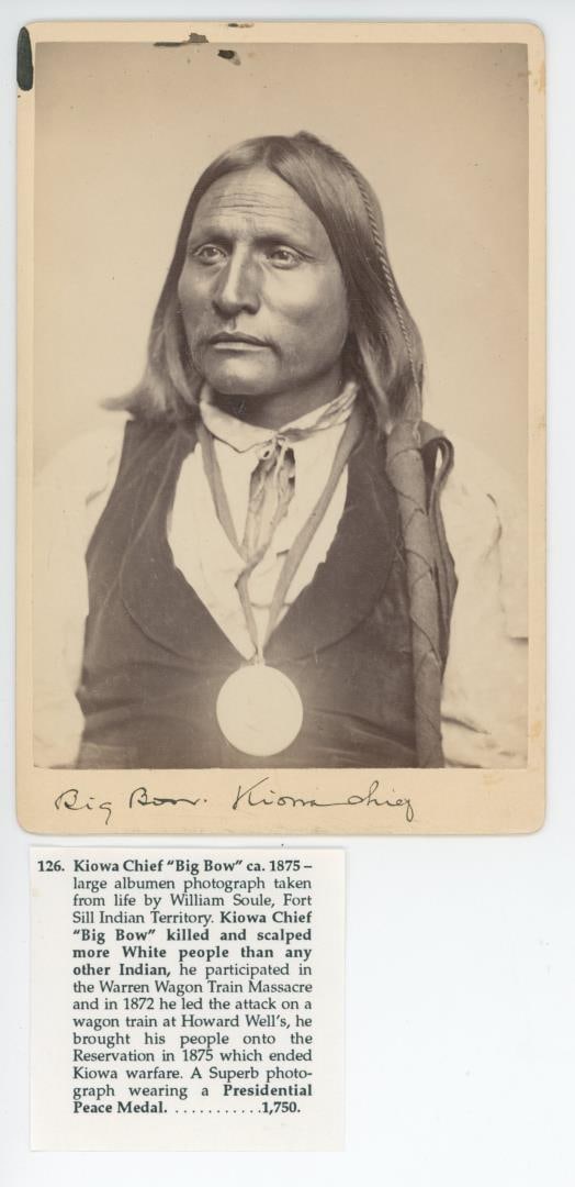W.S. Soule Kiowa Indian Chief Big Bow Photo: Big Bow is shown wearing his Presidential Peace Medal. 4 1/4" by 6 1/2". Big Bow (c. 1833?c. 1900) was a Kiowa war leader during the 19th century, an associate of Guipago and Satanta. He was born in E