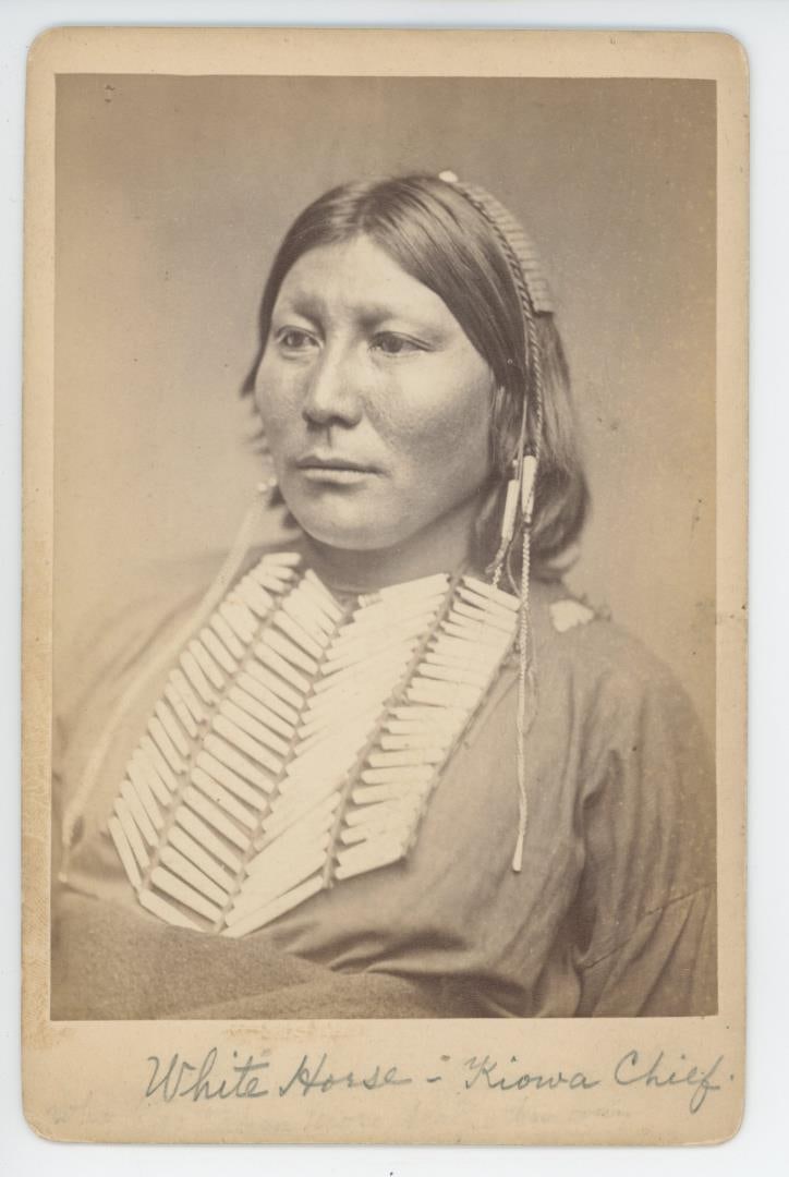 W.S. Soule Kiowa Chief White Horse Cabinet Photo: 4 1/4" by 6 1/2". White Horse (1840/1845?1892) was a chief of the Kiowa. White Horse attended the council between southern plains tribes and the United States at Medicine Lodge in southern Kansas whic