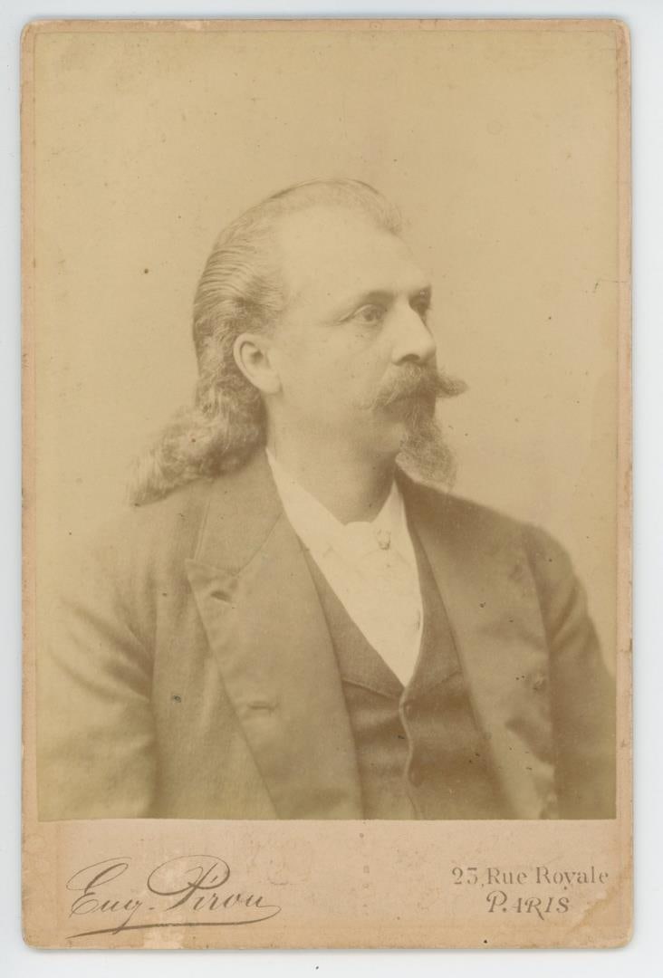 William F. Cody Buffalo Bill Cabinet Photo: Photographer is Eugen Pirou of Paris. 4 1/4" by 6 1/2". The portrait was almost certainly taken during Cody's 1889 season in Paris, one of many stops his Wild West show made while in Europe.