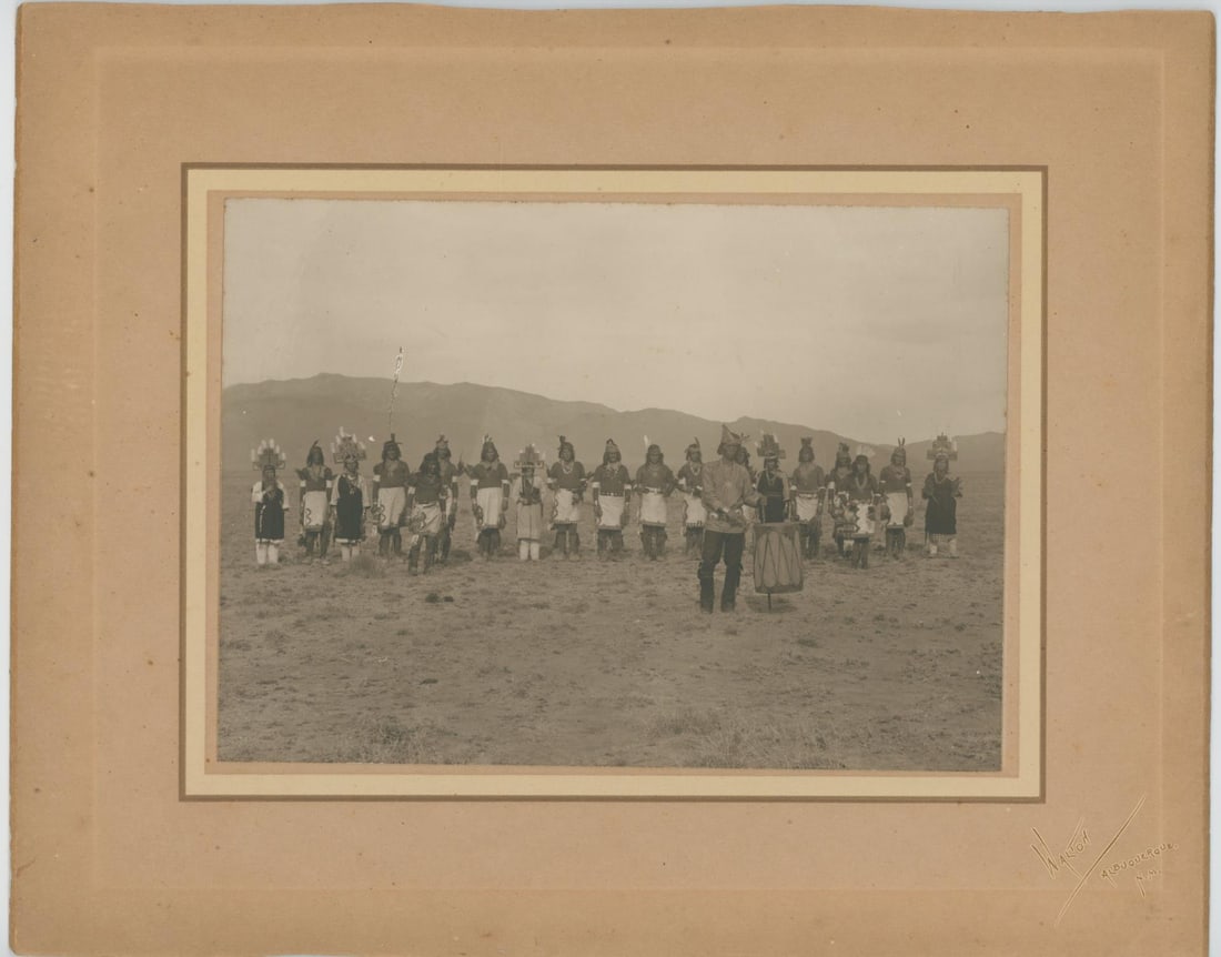 Walton Albuquerque New Mexico Hopi Indian Photo: Features a grouping of Hopi Indians in Dance Regalia. 8 1/2" by 10 3/4". William R. Walton (1874?1953) was a historic local photographer who documented early 20th-century Albuquerque, including histor